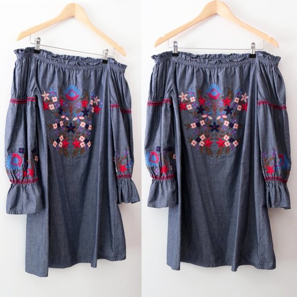Max Studio 100% Cotton Floral Embroidered Off Shoulder Denim Chambray Dress M - Picture 11 of 15
